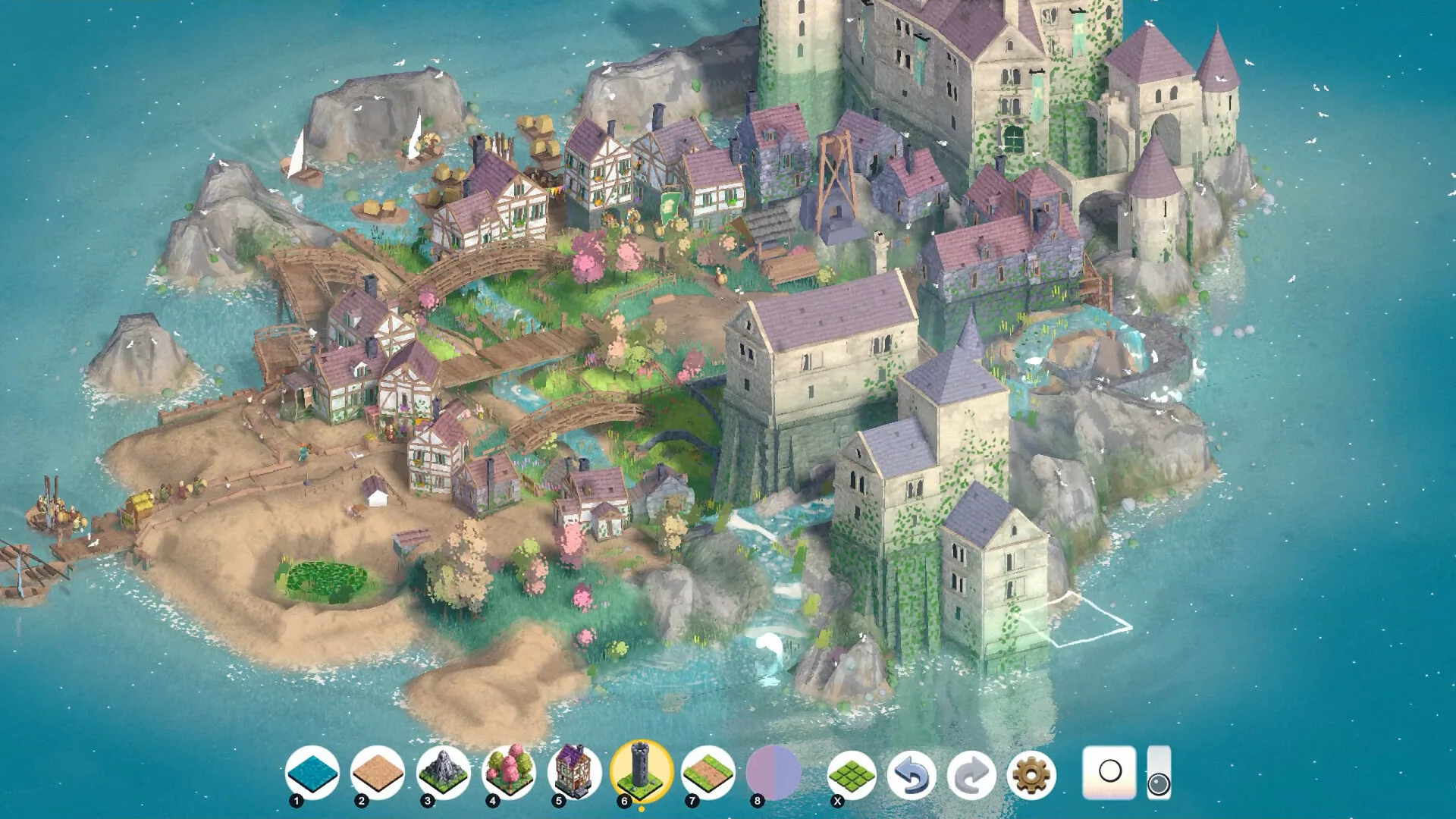 Brushland Steam screenshot of a coastal kingdom with castle, half-timber houses, and tower tool six selected at 191 FPS dev build.