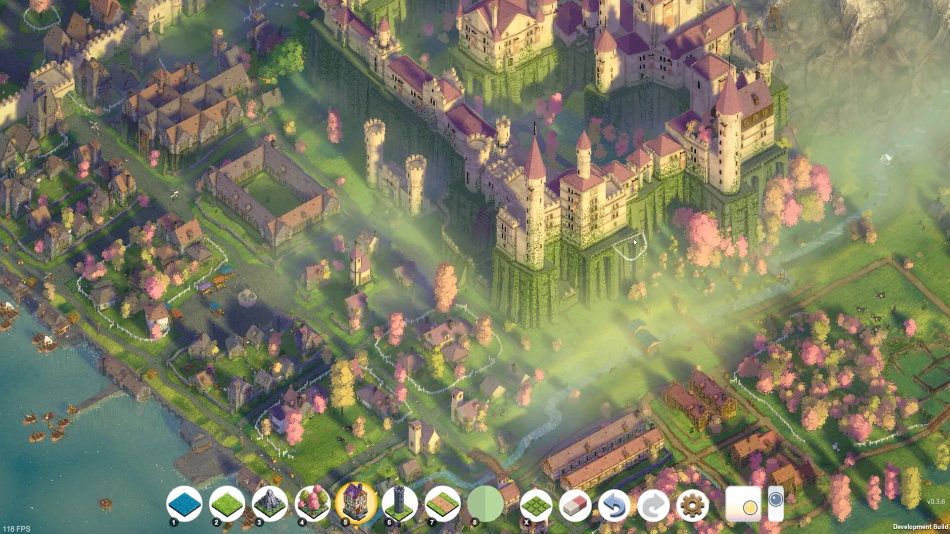 Sprawling pink-roof castle town with god rays and house building tool five selected in Brushland.