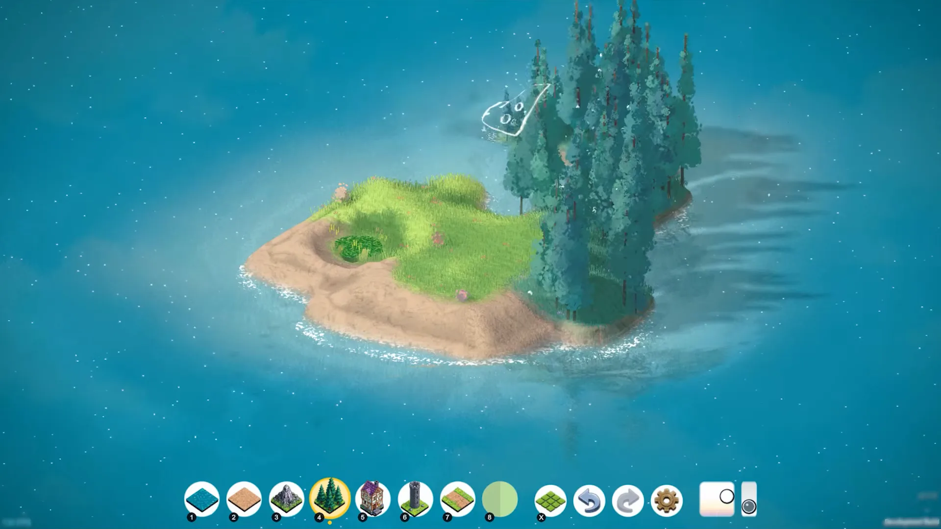 Pine forest tile painted onto a growing island in Brushland with the forest tool active in the bottom toolbar.