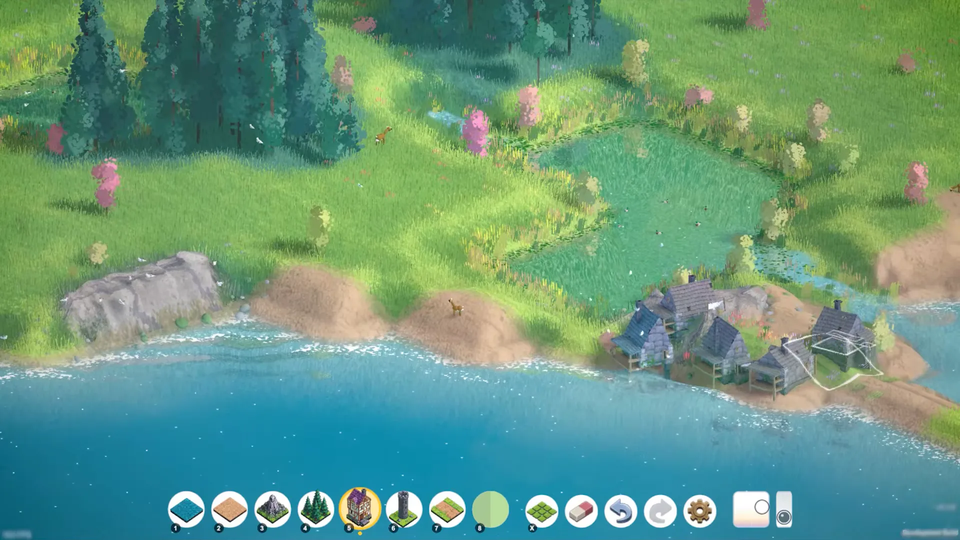 Hills, pink blossom trees, and the first small cottages appear on an island settlement in Brushland.