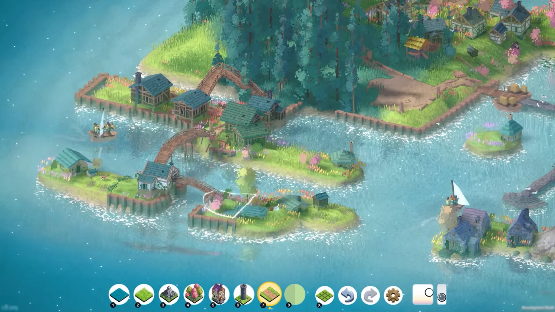 Green islands connected by wooden bridges with the path or road tile tool selected in the Brushland UI