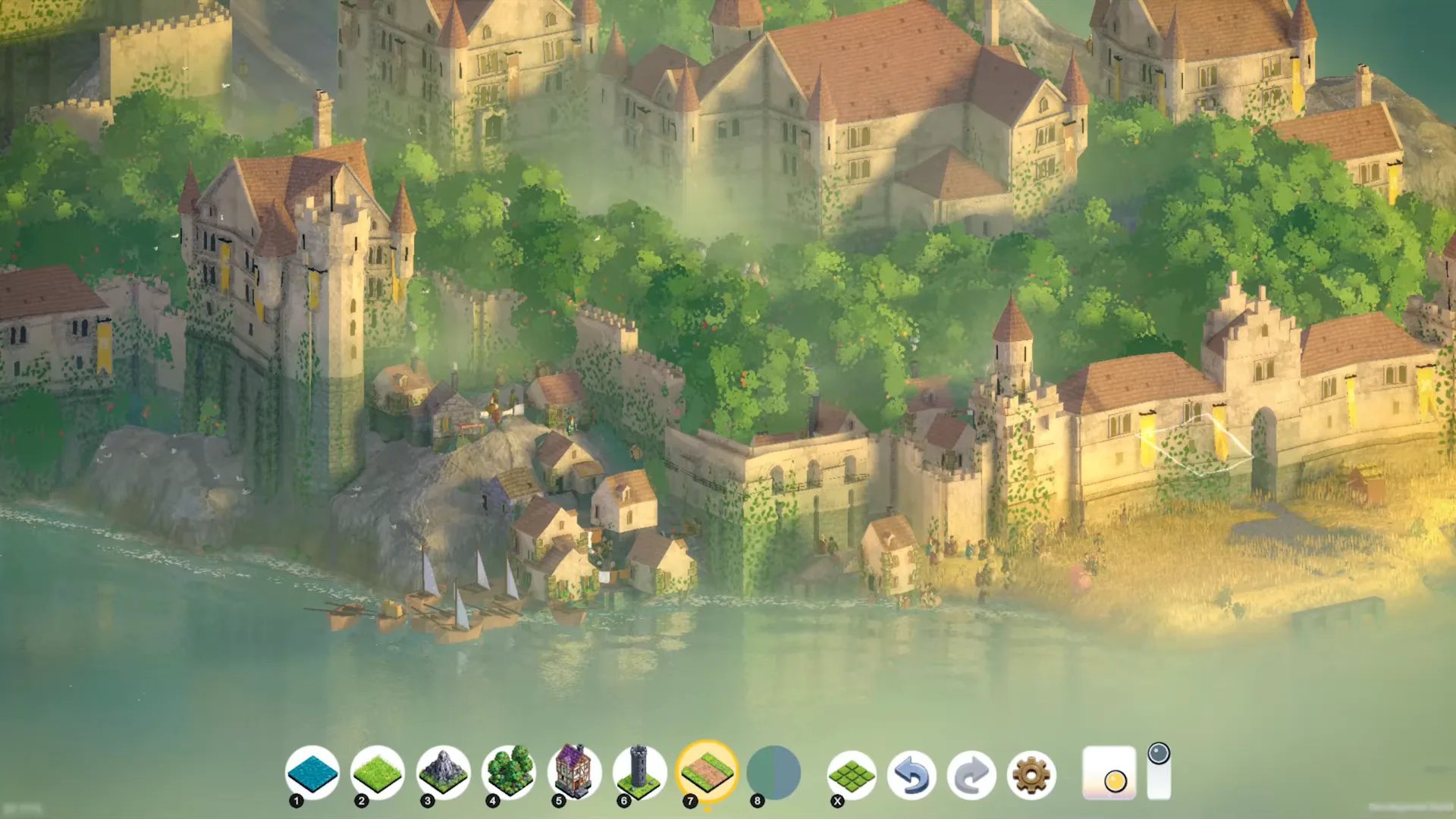 Large stone castle with yellow banners, ivy, sailboats, and pink blossom trees in Brushland