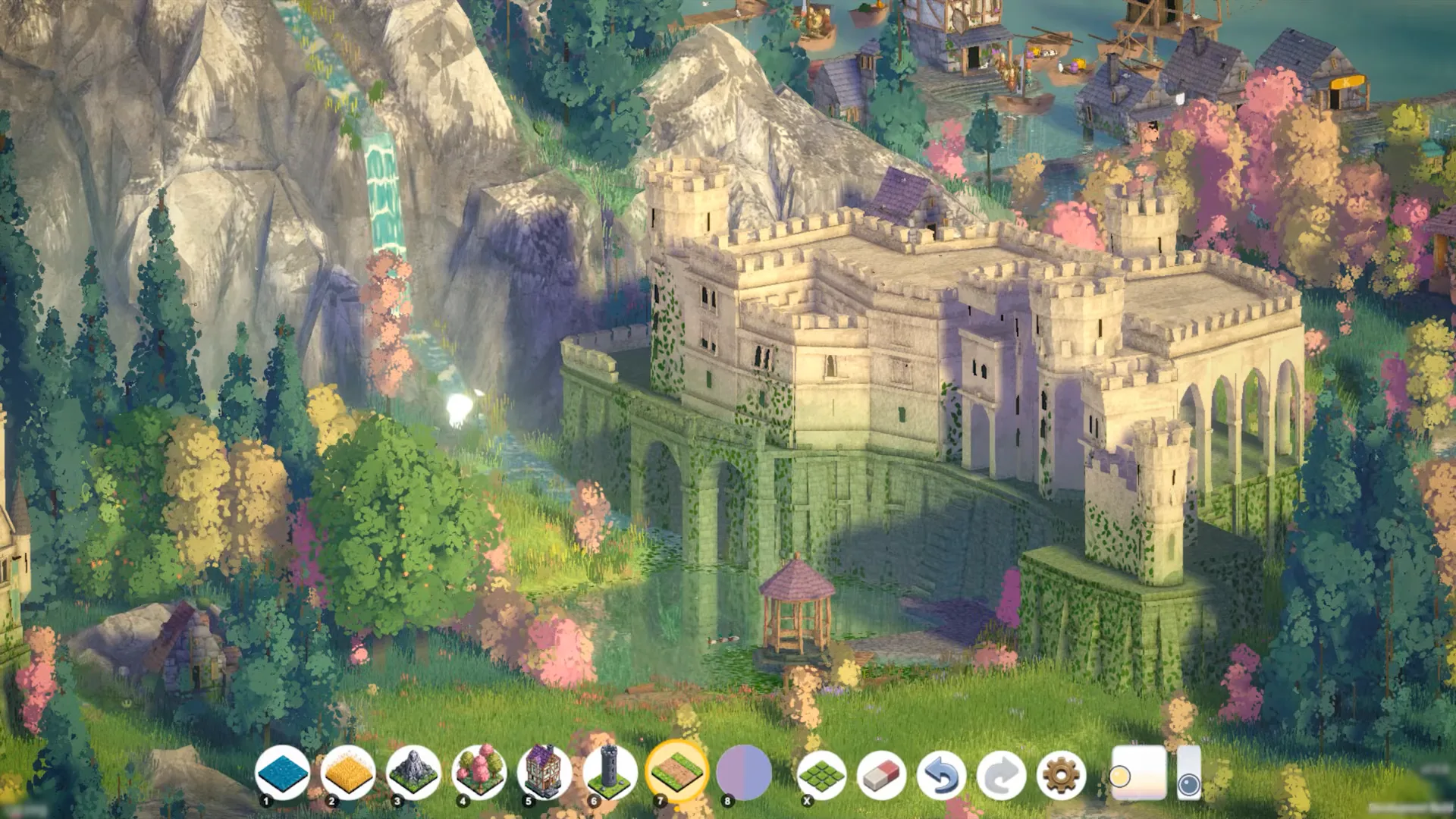 White stone castle beside a cliff waterfall and distant dock village in Brushland