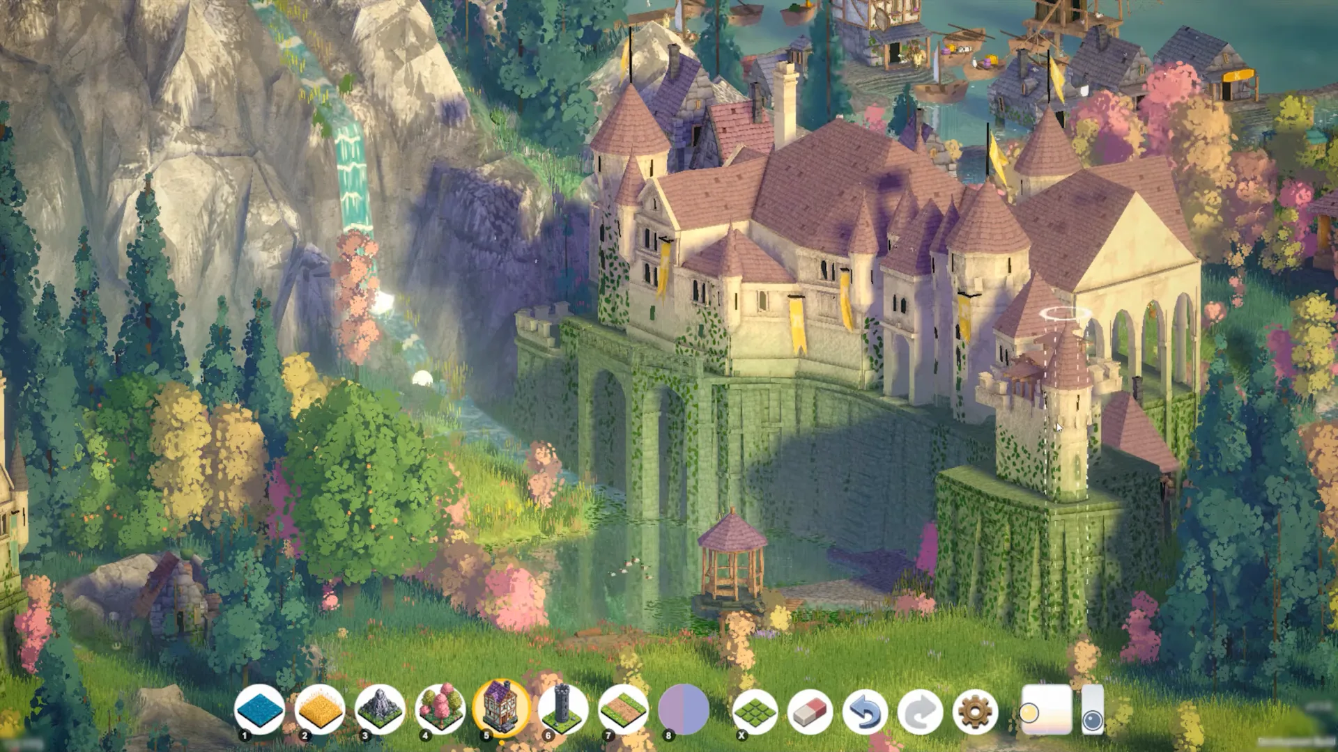 Pink-roofed castle on an ivy base with waterfall, pond, gazebo, and coastal huts in Brushland