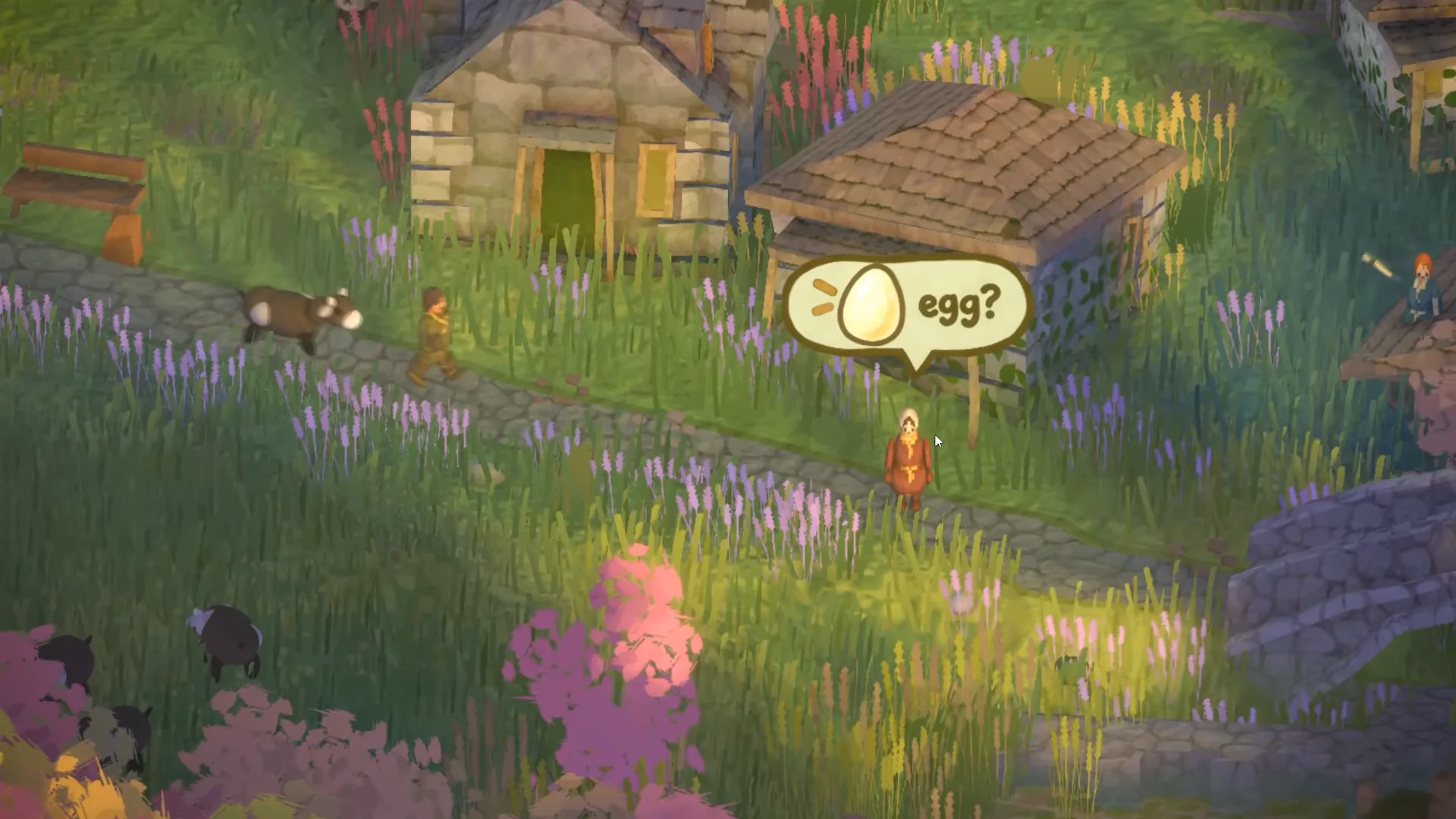 Brushland villager on a stone path with a speech bubble showing an egg icon and the text egg? next to cottages and cows