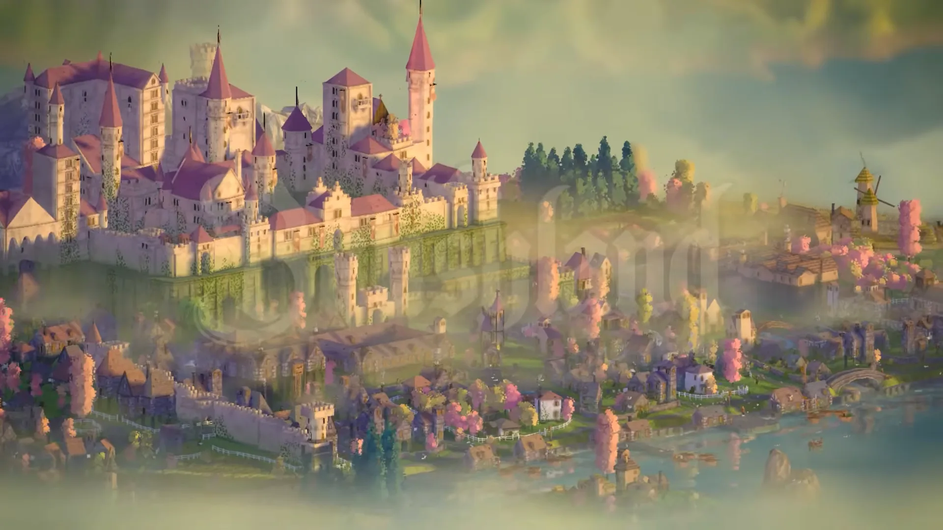 Brushland title card with large logo text over a misty castle town and pink blossom trees